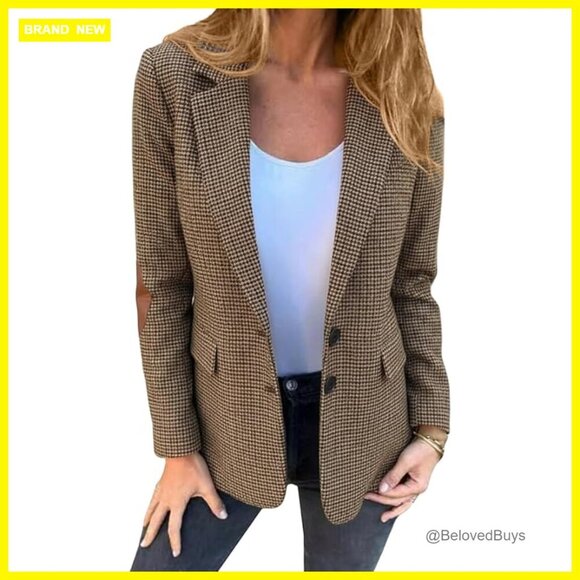 Jackets & Blazers - Tweed Blazer with Houndstooth Plaid Full Lining Pockets Business Casual